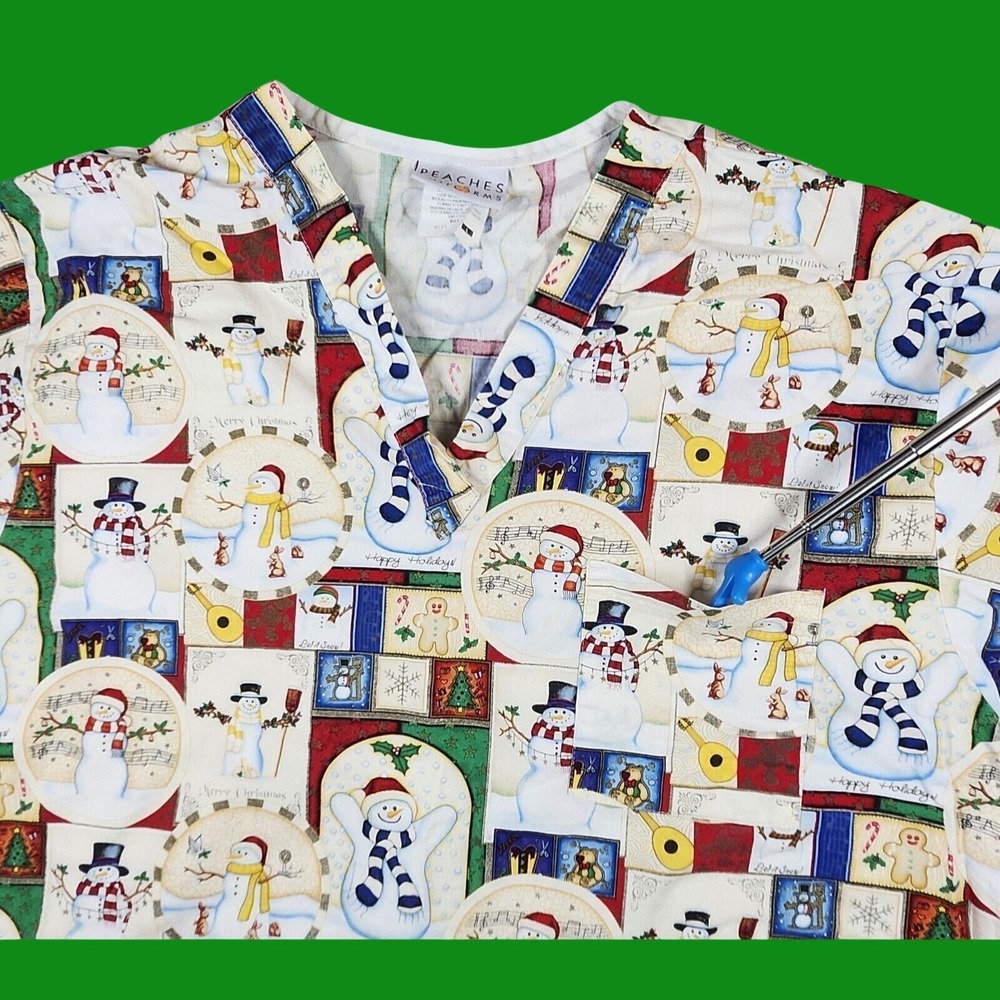 Peaches Uniforms Scrub Top Women Large Multicolor Snowman Christmas Holiday